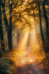 Obraz premium Sunlight Filtering Through Trees on a Serene Forest Path During Golden Hour