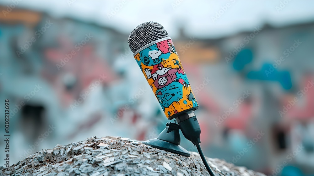 Poster Vibrant abstract patterned microphone standing on a textured stylish surface in a modern studio setting showcasing a creative and visually appealing audio equipment design