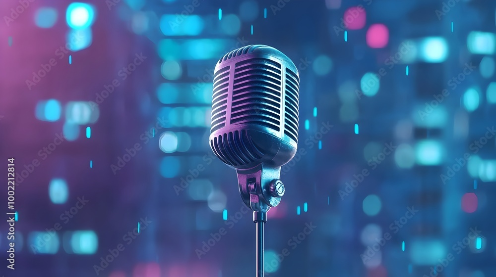 Poster vintage style microphone suspended in mid air against a colorful abstract background creating a dyna