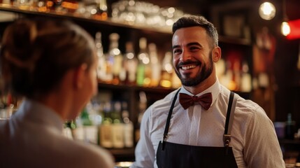 Smiling Bartender with Bow Tie Serving a Customer in a Bar