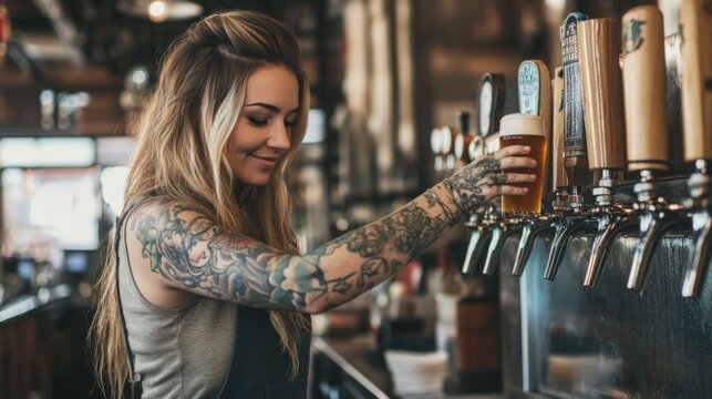 A Tattooed Bartender Pouring Beer from a Tap