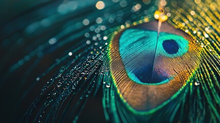 Naklejka premium Peacock feather close-up with water drops Feathers vary from green to blue