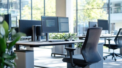 A tech-driven office workspace with dual monitors, ergonomic furniture, and advanced technology tools for maximum productivity.