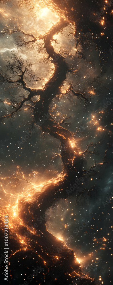 Poster mystical cosmic scene featuring a glowing tree-like structure amidst a starry background, evoking wo