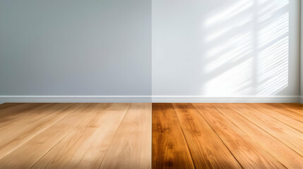 Stunning contrast of light and dark wood flooring with natural light casting shadows in an inviting, modern space.