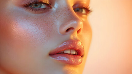 Naklejka premium Stunning close-up of a woman's face showcasing radiant skin and captivating eyes with a soft, warm background.