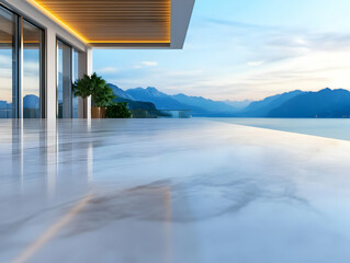 Fototapeta premium Stunning modern terrace with marble floor overlooking serene lake and mountains under a clear blue sky at sunset.