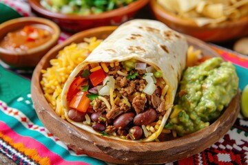 A mouthwatering beef burrito filled with rice, beans, cheese, and guacamole, served on a colorful Mexican-themed tablecloth. Copy space