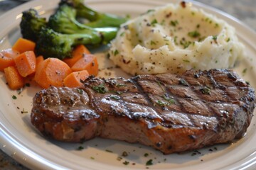 A perfectly cooked steak with a side of garlic mashed potatoes and steamed vegetables