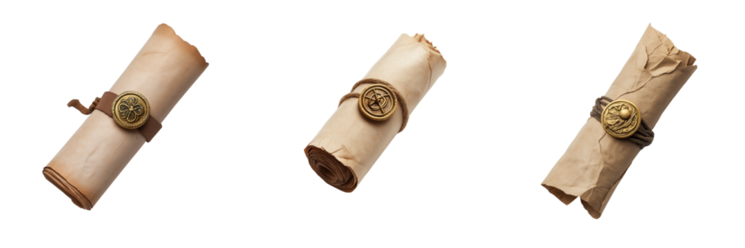 Set of Elf’s magic scroll with a golden seal isolated on a transparent background