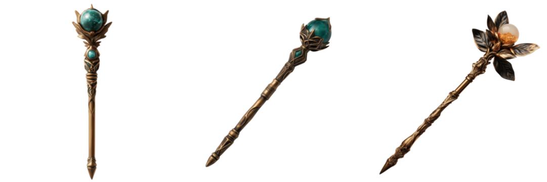 Set of Fairy scepter with glowing orb at the top isolated on a transparent background