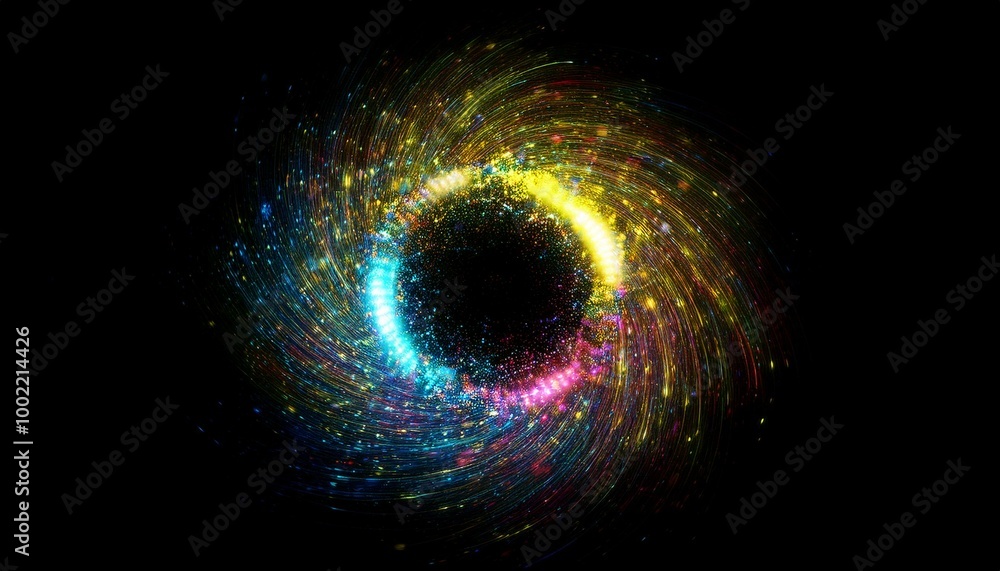 Poster swirling colorful abstract particles futuristic visual effect overlay isolated on black background