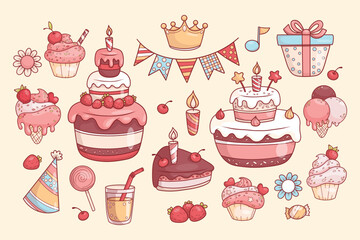 Holiday and party collection. Isolated Multi-tiered festive cake with candles and strawberries, cupcakes, gift, ice cream, crown, garland of flags and glass of lemonade. Vector illustration