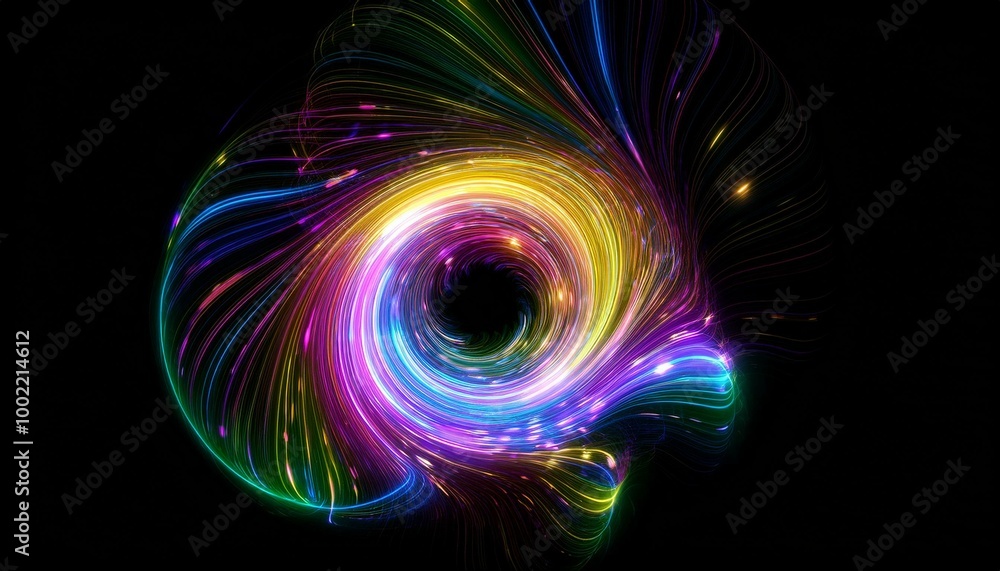 Poster swirling colorful abstract particles futuristic visual effect overlay isolated on black background