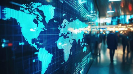 A world map in the background of a busy trading floor, representing global financial markets.