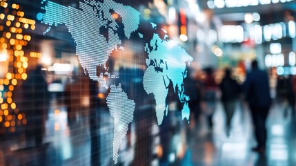 A world map in the background of a busy trading floor, representing global financial markets.