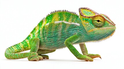 Obraz premium A sharp close-up of a vibrant green chameleon against a crisp white backdrop, featuring a hazy depiction of the lizard