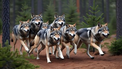 Experience the thrill of the wild with this captivating image of a pack of wolves running through dense pine woods.