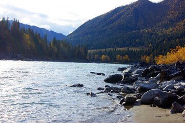 Coast big and tempestuous mountain yard by autumn
