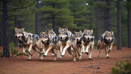 Experience the thrill of the wild with this captivating image of a pack of wolves running through dense pine woods.