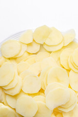 Thinly sliced raw potatoes ready for cooking, symbolizing homemade comfort food or Thanksgiving holiday preparations