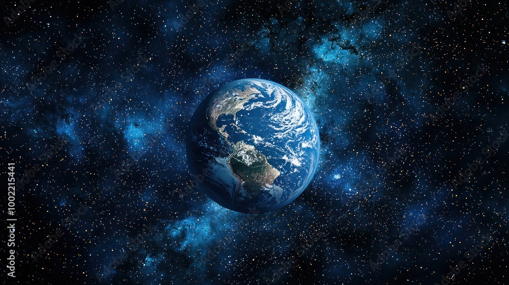 Poster an image of earth from space surrounded by stars, emphasizing the vastness of the world and space ex