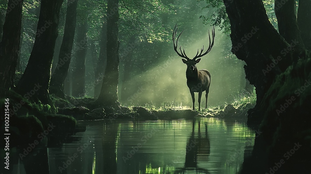 Canvas Prints   A deer standing near a forest stream