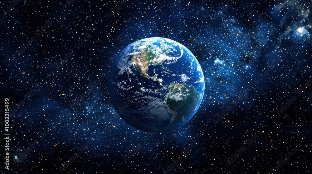 Poster an image of earth from space surrounded by stars, emphasizing the vastness of the world and space ex