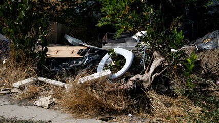 Urban trash pile in nature, highlighting the environmental issue of illegal dumping and waste...