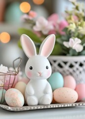 A cute white rabbit surrounded by colorful Easter eggs and spring flowers in a festive display