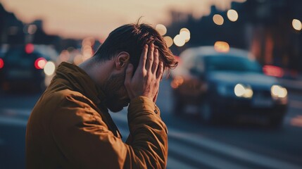 An image captures the moment after a minor car accident, with a driver holding their head in pain.