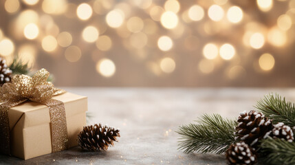 Obraz premium Festive Holiday Scene, vibrant gift boxes, pine cones, lush branches, shimmering bokeh garlands, evoking warmth and celebration.