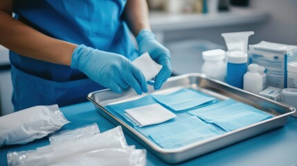 The scene shows a caregiver preparing to apply a fresh bandage, with wound care supplies neatly organized on a tray.