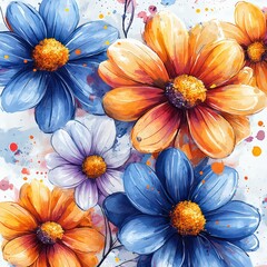 Watercolor-style vector flowers with splashes of color