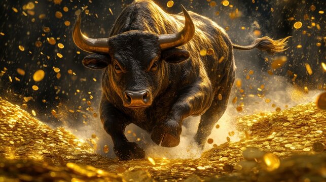 Dynamic shot of a stylized bull charging over a mountain of gold coins, with stock market tickers overlaying the scene, illustrating wealth accumulation in a bull market