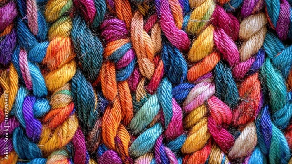 Poster a close-up of a woven pattern made from colorful yarns, showing intricate details.