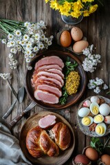 Fototapeta premium A rustic table arrangement featuring sliced ham, eggs, and fresh flowers in a cozy setting