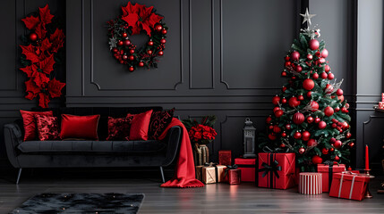 Beautiful bright Christmas interior in black and red colors. Neural network AI generated art