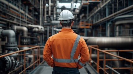 Big industrial building with lots of pipes and catwalks. Worker wearing a helmet and protective clothing with his back. Professional heavy industry engineer. banner, poster