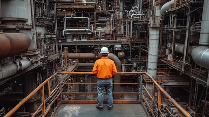 Big industrial building with lots of pipes and catwalks. Worker wearing a helmet and protective clothing with his back. Professional heavy industry engineer. banner, poster