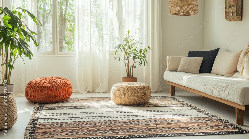 Poster a woven rug with an ethnic pattern, adding a pop of color to a minimalist space.
