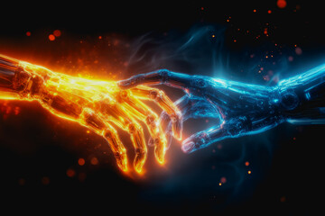 Close-up of human and robotic hands glowing with energy, symbolizing creative and precise fusion
