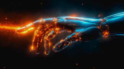 Close-up of human and robotic hands glowing with energy, symbolizing creative and precise fusion