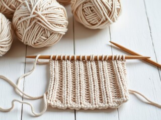 Knitting project on bamboo needles with cream-colored yarn balls on a white wooden surface showing a close-up of ribbed stitches in progress