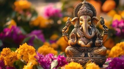 Fototapeta premium Golden Ganesha Statue Surrounded by Colorful Flowers