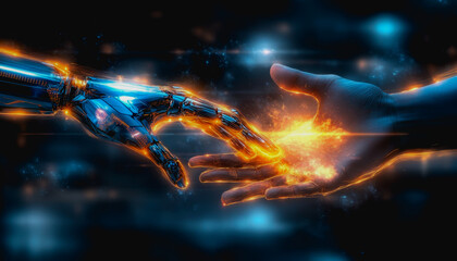 Futuristic human and robotic hand nearly touching with glowing energy in dark background