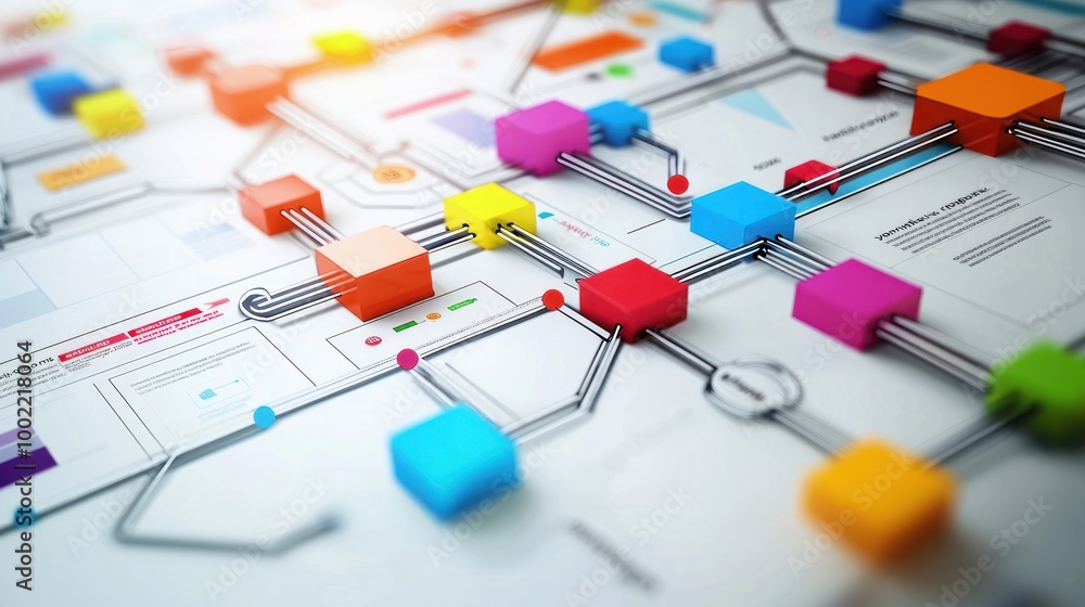 Poster a detailed flow chart infographic showing a complex business process with colorful arrows and boxes.