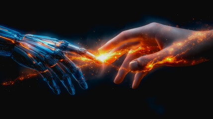 Futuristic human and robotic hand nearly touching with glowing energy in dark background