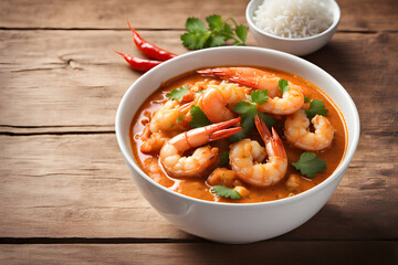 Prawns curry in a white bowl.