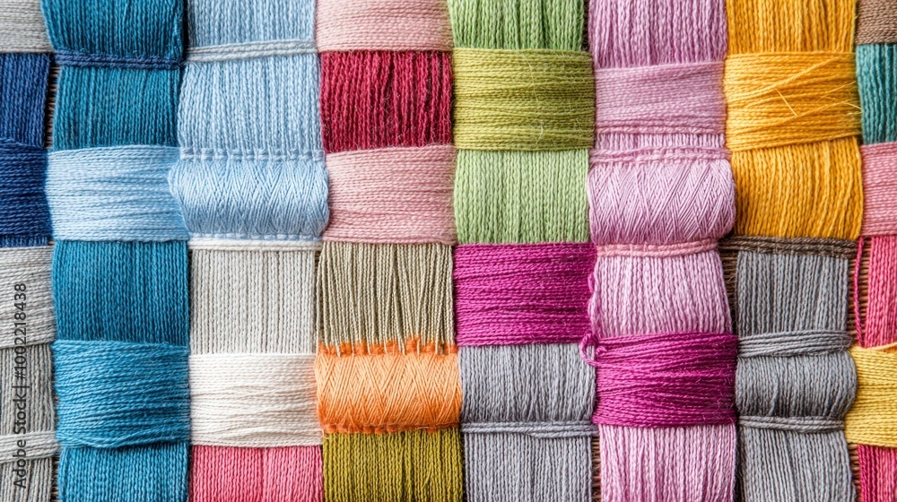 Poster a flat lay of different colored threads woven together to form a small fabric swatch.